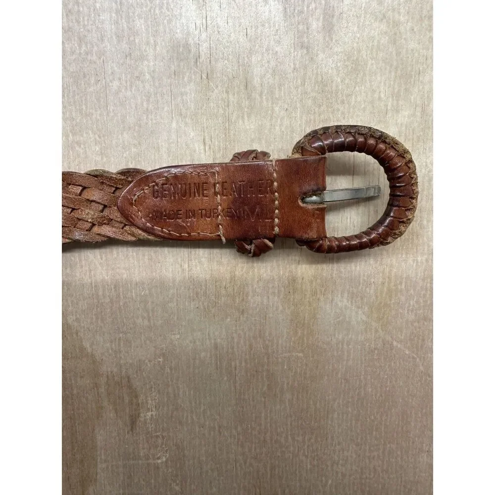 Vintage Brown Braided‎ Leather Belt Sz M L Made In Turkey Leather Buckle
